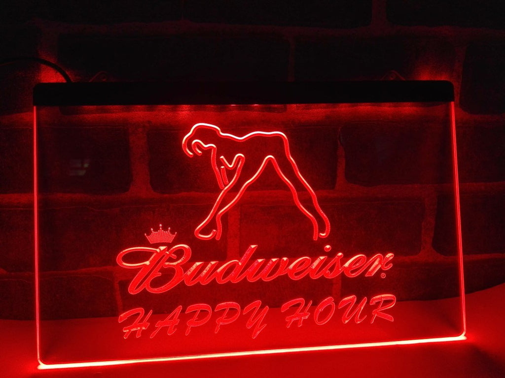 Budweiser Girl Happy Hour LED Neon Sign USB - Red - TheLedHeroes