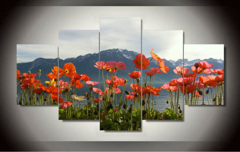 Red poppies and mountain 5 Pcs Wall Canvas -  - TheLedHeroes