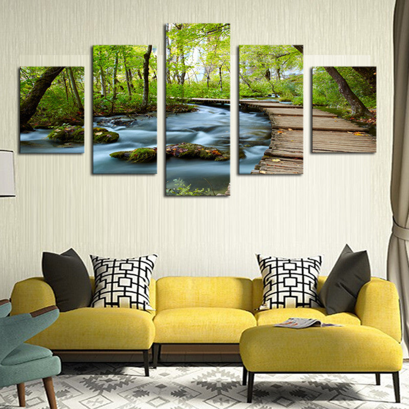 River in the wood landscape 5 Pcs Wall Canvas -  - TheLedHeroes