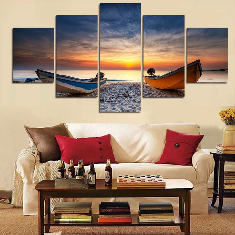 Fishing Boats on the Beach 5 Pcs Wall Canvas -  - TheLedHeroes