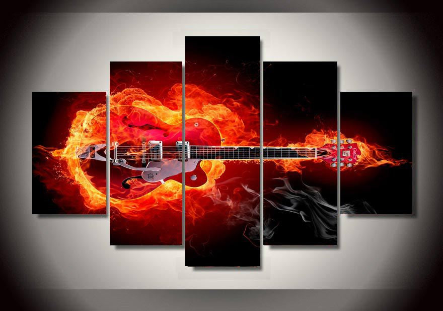 Fire guitar 5 Pcs Wall Canvas -  - TheLedHeroes