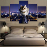 Cat above the city 5 Pcs Wall Canvas -  - TheLedHeroes