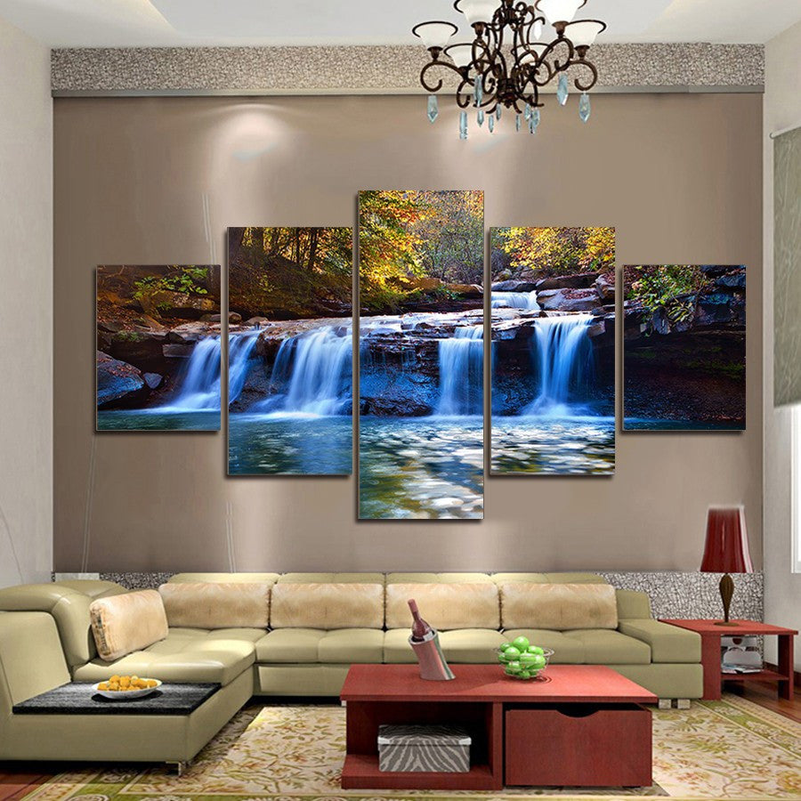 Waterfall in the woods 5 Pcs Wall Canvas -  - TheLedHeroes