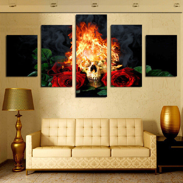 Fire skull and red rose 5 Pcs Wall Canvas -  - TheLedHeroes