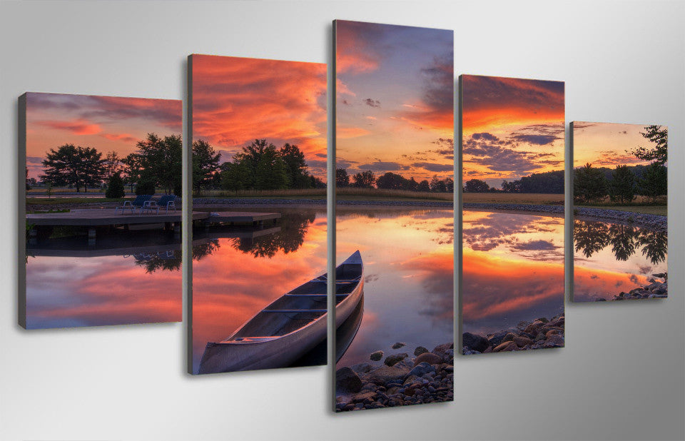 Canoe in the sunset 5 Pcs Wall Canvas -  - TheLedHeroes