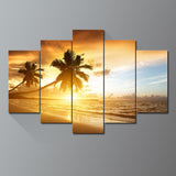 Palm and sandy beach in the sunset 5 Pcs Wall Canvas -  - TheLedHeroes