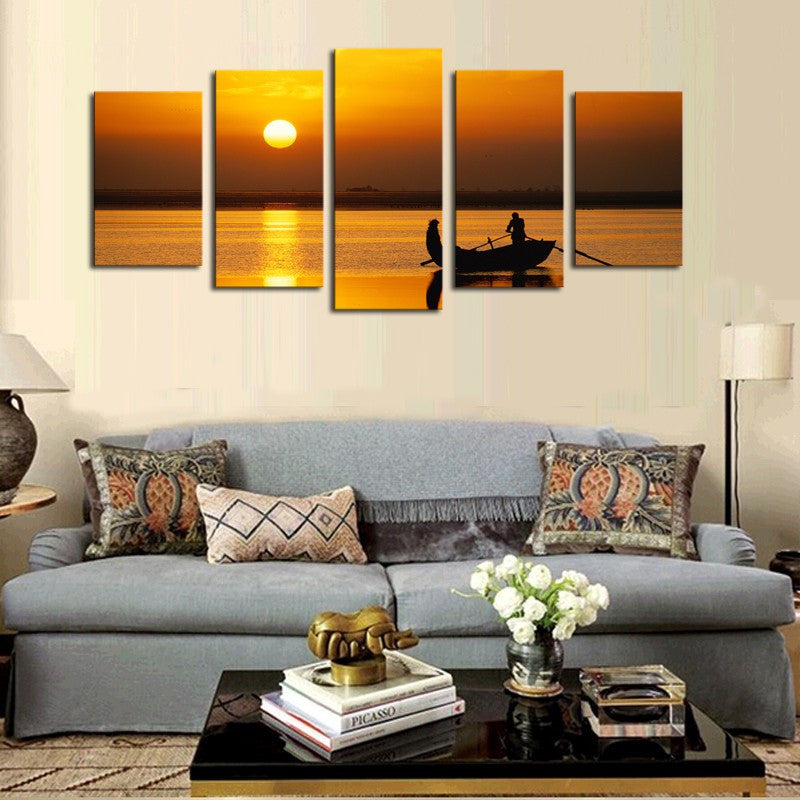 Yellow Sunset Seaview Landscape 5 Pcs Wall Canvas -  - TheLedHeroes