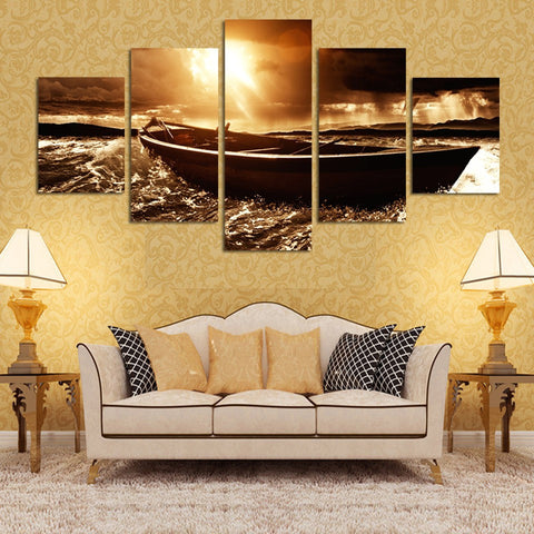 Beach Seascape Sea Boat Sunset 5 Pcs Wall Canvas -  - TheLedHeroes