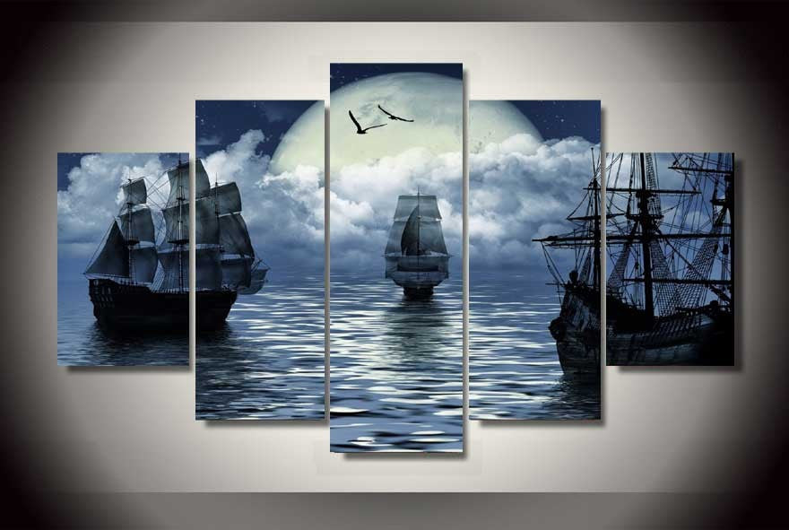 Fantasy moon sailboat on sea 5 Pcs Wall Canvas -  - TheLedHeroes