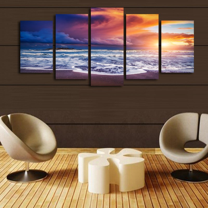Blue Clouds Sunset Seascape 5 Pcs Wall Canvas -  - TheLedHeroes