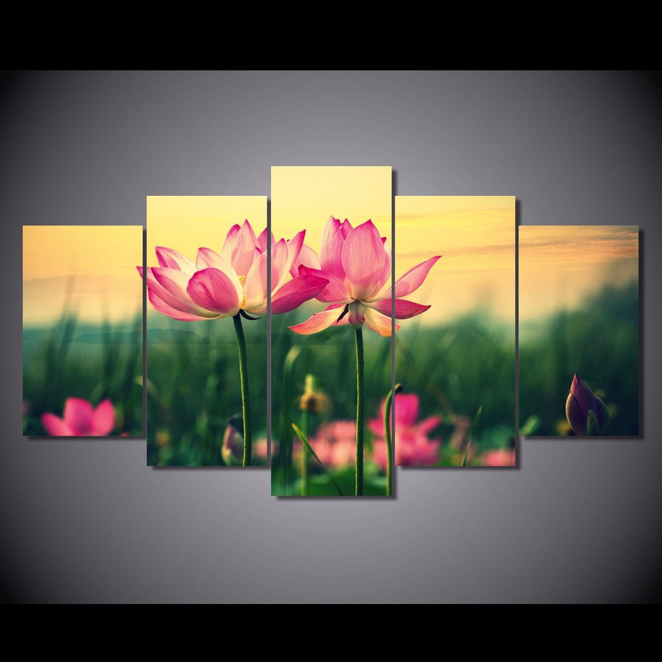 Pink Flowers At Sunset 5 Pcs Wall Canvas -  - TheLedHeroes