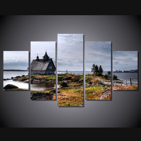 Old small house on river 5 Pcs Wall Canvas -  - TheLedHeroes
