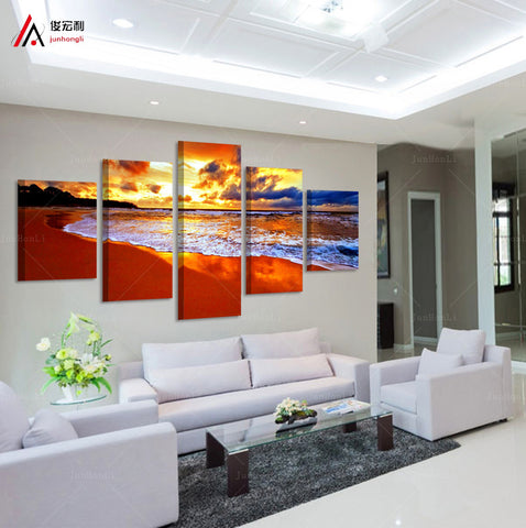 Sunset Beach Waves 5 Pcs Wall Canvas -  - TheLedHeroes