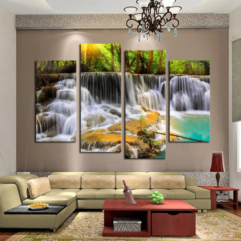 Green Trees And Waterfall Landscape 4 Pcs Wall Canvas -  - TheLedHeroes