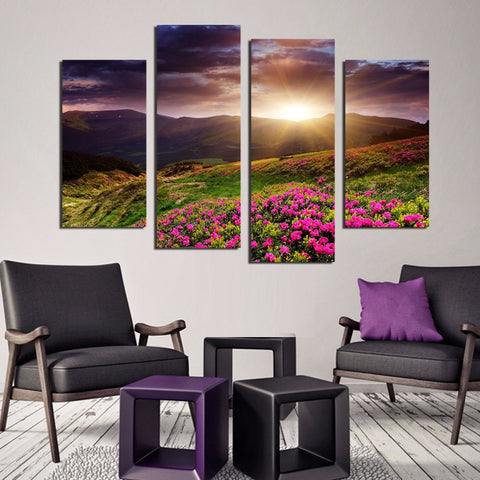 Flower field sunrise 4 Pcs Wall Canvas -  - TheLedHeroes
