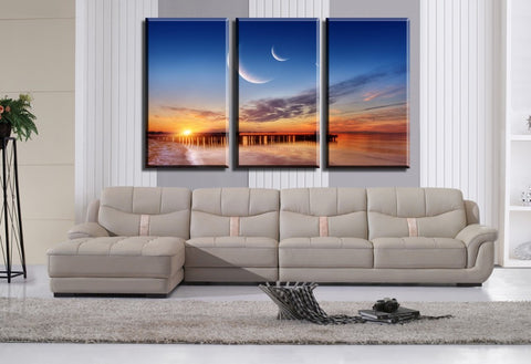 Sunrise, beach, bridge and moon 3 Pcs Wall Canvas -  - TheLedHeroes