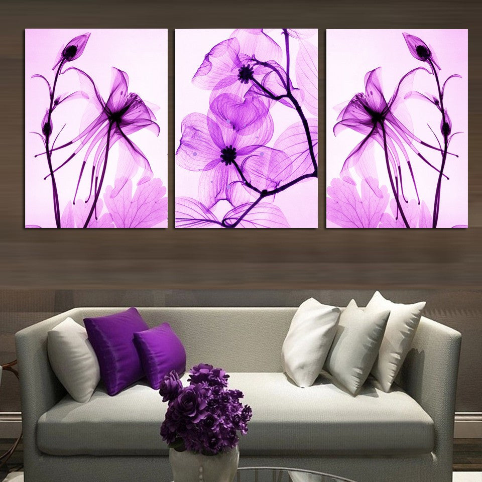 Purple Abstract Flowers 3 Pcs Wall Canvas -  - TheLedHeroes