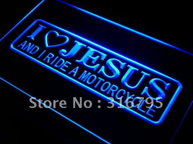I Love Jesus and I Ride Motorcycle LED Neon Sign Electrical - Blue - TheLedHeroes