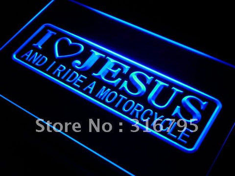 I Love Jesus and I Ride Motorcycle LED Sign - Blue - TheLedHeroes